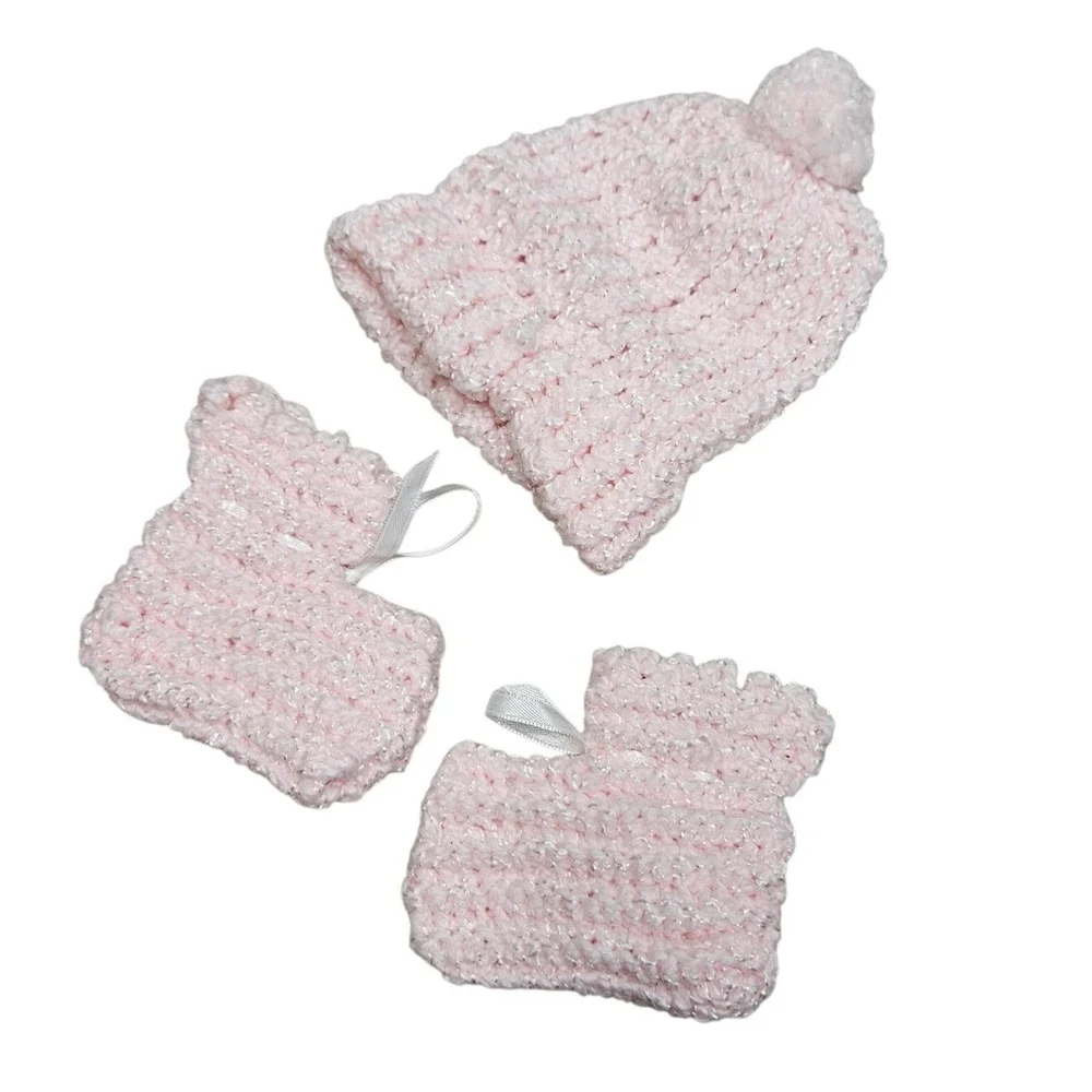 Baby Crochet Knit Hat Mittens Booties‎ Set Pink Sparkle Pom Pom Newborn Gift 0-6